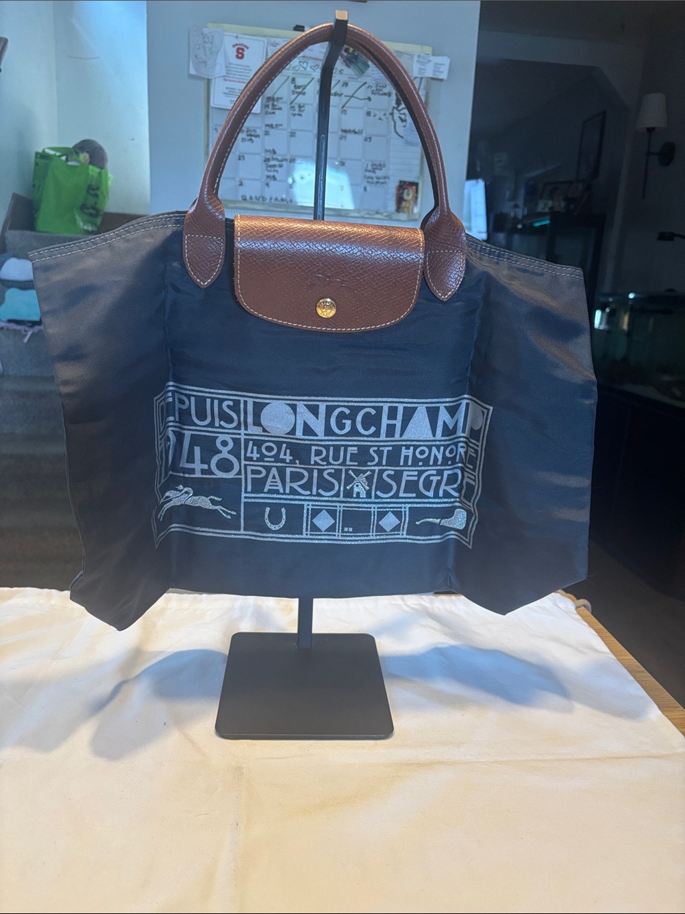 Longchamp Navy Nylon Tote with Brown Leather Trim and White Graphic